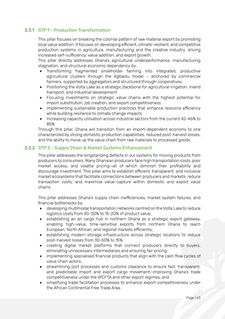 Page | 63
3.3.1 STP 1 - Production Transformation
This pillar focuses on breaking the colonial pattern of raw material export by promoting
local value addition. It focuses on developing efficient, climate-resilient, and competitive
production systems in agriculture, manufacturing and the creative industry, driving
increased self-sufficiency, value addition, and export growth.
This pillar directly addresses Ghana's agricultural underperformance, manufacturing
stagnation, and structural economic dependency by:
• Transforming fragmented smallholder farming into integrated, productive
agricultural clusters through the Agbledu model – anchored by commercial
farmers, supported by aggregators and structured through cooperatives.
• Positioning the Volta Lake as a strategic backbone for agricultural irrigation, inland
transport, and industrial development
• Focusing investments on strategic value chains with the highest potential for
import substitution, job creation, and export competitiveness
• Implementing sustainable production practices that enhance resource efficiency
while building resilience to climate change impacts
• Increasing capacity utilisation across industrial sectors from the current 42-46% to
85%
Through this pillar, Ghana will transition from an import-dependent economy to one
characterized by strong domestic production capabilities, reduced post-harvest losses,
and the ability to move up the value chain from raw materials to processed goods.
3.3.2 STP 2 - Supply Chain & Market Systems Enhancement
This pillar addresses the longstanding defects in our systems for moving products from
producers to consumers. Many Ghanaian producers face high transportation costs, poor
market access, and volatile pricing—all of which diminish their profitability and
discourage investment. This pillar aims to establish efficient, transparent, and inclusive
market ecosystems that facilitate connections between producers and markets, reduce
transaction costs, and maximise value-capture within domestic and export value
chains.
This pillar addresses Ghana's supply chain inefficiencies, market system failures, and
financial bottlenecks by:
• developing multimodal transportation networks centred on the Volta Lake to reduce
logistics costs from 40-50% to 15-20% of product value;
• establishing an air cargo hub in northern Ghana as a strategic export gateway,
enabling high-value, time-sensitive exports from northern Ghana to reach
European, North African, and regional markets efficiently;
• establishing modern storage infrastructure across strategic locations to reduce
post-harvest losses from 30-50% to 15%;
• creating digital market platforms that connect producers directly to buyers,
eliminating unnecessary intermediaries and ensuring fair pricing;
• implementing specialised financial products that align with the cash flow cycles of
value chain actors;
• streamlining port processes and customs clearance to ensure fast, transparent,
and predictable import and export cargo movement—improving Ghana’s trade
competitiveness under the AfCFTA and other export regimes; and
• simplifying trade facilitation processes to enhance export competitiveness under
the African Continental Free Trade Area.
 