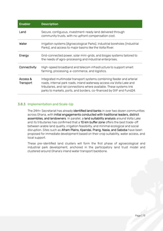 Page | 73
Enabler Description
Land Secure, contiguous, investment-ready land delivered through
community trusts, with no upfront compensation cost.
Water Irrigation systems (Agroecological Parks), industrial boreholes (Industrial
Parks), and access to major basins like the Volta River.
Energy Grid-connected power, solar mini-grids, and biogas systems tailored to
the needs of agro-processing and industrial enterprises.
Connectivity High-speed broadband and telecom infrastructure to support smart
farming, processing, e-commerce, and logistics.
Access &
Transport
Integrated multimodal transport systems combining feeder and arterial
roads, internal park roads, inland waterway access via Volta Lake and
tributaries, and rail connections where available. These systems link
parks to markets, ports, and borders, co-financed by GIIF and Fund24.
3.8.3 Implementation and Scale-Up
The 24H+ Secretariat has already identified land banks in over two dozen communities
across Ghana, with initial engagements conducted with traditional leaders, district
assemblies, and landowners. In parallel, a land suitability analysis around Volta Lake
and its tributaries has confirmed that a 10 km buffer zone offers the best trade-off
between arable land quality, irrigation feasibility, and minimal ecological and social
disruption. Sites such as Afram Plains, Kpandai, Prang, Nasia, and Saboba have been
proposed for immediate development based on their crop suitability, water access, and
local support.
These pre-identified land clusters will form the first phase of agroecological and
industrial park development, anchored in the participatory land trust model and
clustered around Ghana’s inland water transport backbone.
 