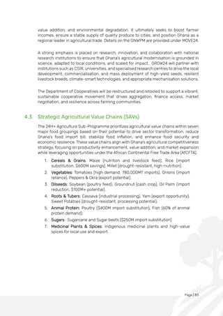 Page | 83
value addition, and environmental degradation. It ultimately seeks to boost farmer
incomes, ensure a stable supply of quality produce to cities, and position Ghana as a
regional leader in agricultural trade. Details on the GNWPM are provided under MOVE24.
A strong emphasis is placed on research, innovation, and collaboration with national
research institutions to ensure that Ghana’s agricultural modernisation is grounded in
science, adapted to local conditions, and scaled for impact. GROW24 will partner with
institutions such as CSIR, universities, and specialised research centres to drive the local
development, commercialisation, and mass deployment of high-yield seeds, resilient
livestock breeds, climate-smart technologies, and appropriate mechanisation solutions.
The Department of Cooperatives will be restructured and retooled to support a vibrant,
sustainable cooperative movement that drives aggregation, finance access, market
negotiation, and resilience across farming communities.
4.3 Strategic Agricultural Value Chains (SAVs)
The 24H+ Agriculture Sub-Programme prioritizes agricultural value chains within seven
major food groupings based on their potential to drive sector transformation, reduce
Ghana's food import bill, stabilize food inflation, and enhance food security and
economic resilience. These value chains align with Ghana's agricultural competitiveness
strategy, focusing on productivity enhancement, value addition, and market expansion
while leveraging opportunities under the African Continental Free Trade Area (AfCFTA).
1. Cereals & Grains: Maize (nutrition and livestock feed), Rice (import
substitution, $600M savings), Millet (drought-resistant, high-nutrition).
2. Vegetables: Tomatoes (high demand, 780,000MT imports), Onions (import
reliance), Peppers & Okra (export potential).
3. Oilseeds: Soybean (poultry feed), Groundnut (cash crop), Oil Palm (import
reduction, $100M+ potential).
4. Roots & Tubers: Cassava (industrial processing), Yam (export opportunity),
Sweet Potatoes (drought-resistant, processing potential).
5. Animal Protein: Poultry ($400M import substitution), Fish (60% of animal
protein demand).
6. Sugars: Sugarcane and Sugar beets ($250M import substitution)
7. Medicinal Plants & Spices: Indigenous medicinal plants and high-value
spices for local use and export.
 