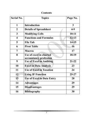 2
Contents
Serial No. Topics Page No.
1 Introduction 3
2 Details of Spreadsheet 4-9
3 Modifying Cells 10-11
4 Functions and Formulas 12-13
5 File Tab 14-15
6 Pivot Table 16
7 Macros 17
8 Use of excel in charted
accountancy profession
18-19
9 Use of Excel in Auditing 21-22
10 Excel in Data Analysis 23
11 Use of Excel in Taxation 24
12 Using IF Function 25-27
13 Use of Excel in Data Entry 28
14 Advantages 29
15 Disadvantages 29
16 Bibliography 30
 