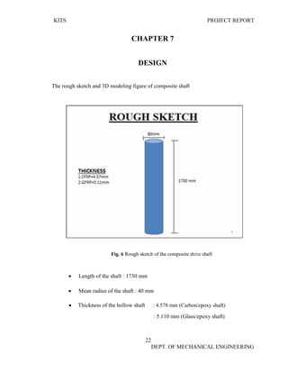 KITS PROJECT REPORT
22
DEPT. OF MECHANICAL ENGINEERING
CHAPTER 7
DESIGN
The rough sketch and 3D modeling figure of composite shaft
Fig. 6 Rough sketch of the composite drive shaft
• Length of the shaft : 1730 mm
• Mean radius of the shaft : 40 mm
• Thickness of the hollow shaft : 4.578 mm (Carbon/epoxy shaft)
: 5.110 mm (Glass/epoxy shaft)
 