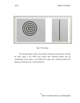 KITS PROJECT REPORT
23
DEPT. OF MECHANICAL ENGINEERING
Fig. 7 3D Modeling
The 3D model figure is drawn, here model is divided into certain layers such that
the black region is the CFRP layer (carbon fiber reinforced plastic) and the
corresponding white region is the GFRP layer (glass fiber reinforced plastic).The
thickness of both the layers is mentioned above.
 