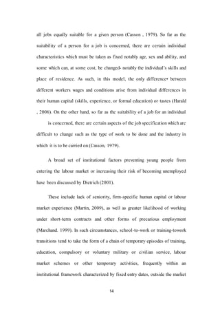 14
all jobs equally suitable for a given person (Casson , 1979). So far as the
suitability of a person for a job is concerned, there are certain individual
characteristics which must be taken as fixed notably age, sex and ability, and
some which can, at some cost, be changed- notably the individual’s skills and
place of residence. As such, in this model, the only difference• between
different workers wages and conditions arise from individual differences in
their human capital (skills, experience, or formal education) or tastes (Harald
, 2006). On the other hand, so far as the suitability of a job for an individual
is concerned, there are certain aspects of the job specification which are
difficult to change such as the type of work to be done and the industry in
which it is to be carried on (Casson, 1979).
A broad set of institutional factors preventing young people from
entering the labour market or increasing their risk of becoming unemployed
have been discussed by Dietrich (2001).
These include lack of seniority, firm-specific human capital or labour
market experience (Martin, 2009), as well as greater likelihood of working
under short-term contracts and other forms of precarious employment
(Marchand. 1999). In such circumstances, school-to-work or training-towork
transitions tend to take the form of a chain of temporary episodes of training,
education, compulsory or voluntary military or civilian service, labour
market schemes or other temporary activities, frequently within an
institutional framework characterized by fixed entry dates, outside the market
 