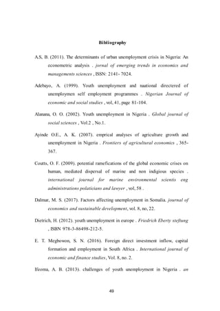 49
Bibliography
A.S, B. (2011). The determinants of urban unemployment crisis in Nigeria: An
econometric analysis . jornal of emerging trends in economics and
managements sciences , ISSN: 2141- 7024.
Adebayo, A. (1999). Youth unemployment and naational directered of
unemploymen self employment programmes . Nigerian Journal of
economic and social studies , vol, 41, page 81-104.
Alanana, O. O. (2002). Youth unemployment in Nigeria . Global journal of
social sciences , Vol.2 , No.1.
Ayinde O.E., A. K. (2007). emprical analyses of agriculture growth and
unemployment in Nigeria . Frontiers of agricultural economics , 365-
367.
Coutts, O. F. (2009). potential ramefications of the global economic crises on
human, mediated dispersal of marine and non indigious species .
international journal for marine environmental scientis eng
administrations polaticians and lawyer , vol, 58 .
Dalmar, M. S. (2017). Factors affecting unemployment in Somalia. journal of
economics and sustainable development, vol. 8, no, 22.
Dietrich, H. (2012). youth unemployment in europe . Friedrich Eberty steftung
, ISBN 978-3-86498-212-5.
E. T. Megbowon, S. N. (2016). Foreign direct investment inflow, capital
formation and employment in South Africa . International journal of
economic and finance studies, Vol. 8, no. 2.
Ifeoma, A. B. (2013). challenges of youth unemployment in Nigeria . an
 