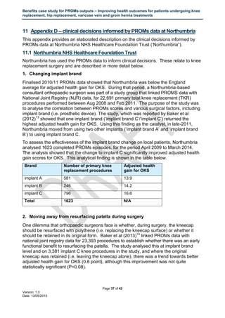 Proms Outcomes Example Benefits case study: 'Patient Reported Outcome Measures (PROMs ...