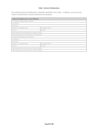 Page 8 of 19
Table: Sectoral Collaborators
All confirmed Sectoral Collaborators should be identified in this Table. In addition, up to three (3)
Letters of Commitment may be attached to the proposal.
Sectoral Collaborators from Pakistan
Company/Organization Name
Location
Country
Name of Collaborator Position/Title
Tel. # Email
Anticipated Contribution to Project Goals
Anticipated Annual Financial Contribution
Company/Organization Name
Location
Country
Name of Collaborator Position/Title
Tel. # Email
Anticipated Contribution to Project Goals
Anticipated Annual Financial Contribution
 