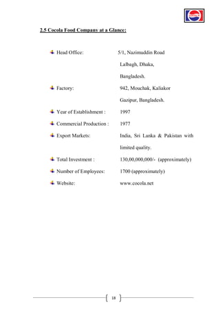 2.5 Cocola Food Company at a Glance:

Head Office:

5/1, Nazimuddin Road
Lalbagh, Dhaka,
Bangladesh.

Factory:

942, Mouchak, Kaliakor
Gazipur, Bangladesh.

Year of Establishment :

1997

Commercial Production :

1977

Export Markets:

India, Sri Lanka & Pakistan with
limited quality.

Total Investment :

130,00,000,000/- (approximately)

Number of Employees:

1700 (approximately)

Website:

www.cocola.net

18

 