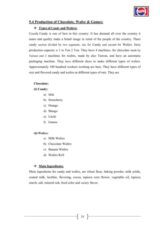5.4 Production of Chocolate, Wafer & Games:
 Types of Candy and Wafers:
Cocola Candy is one of best in this country. It has demand all over the country it
tastes and quality make a brand image in mind of the people of the country. There
candy section divided by two segments, one for Candy and second for Wafers. Daily
production capacity is 1 to Ton 2 Ton. They have 4 machines, for chocolate made by
Taiwan and 2 machines for wafers, made by also Taiwan, and have an automatic

packaging machine. They have different dices to make different types of wafers.
Approximately 100 hundred workers working are here. They have different types of
size and flavored candy and wafers at different types of rate. They are

Chocolate:
(i) Candy:
a) Milk
b) Strawberry
c) Orange
d) Mango
e) Litchi
f) Games

(ii) Wafers:
a) Milk Wafers

b) Chocolate Wafers
c) Banana Wafers
d) Wafers Roll
 Main Ingredients:
Main ingredients for candy and wafers, are wheat flour, baking powder, milk solids,
coated milk, lecithin, flavoring, cocoa, tapioca corn flower, vegetable oil, tapioca
starch, salt, mineral salt, food color and variety flavor.

51

 