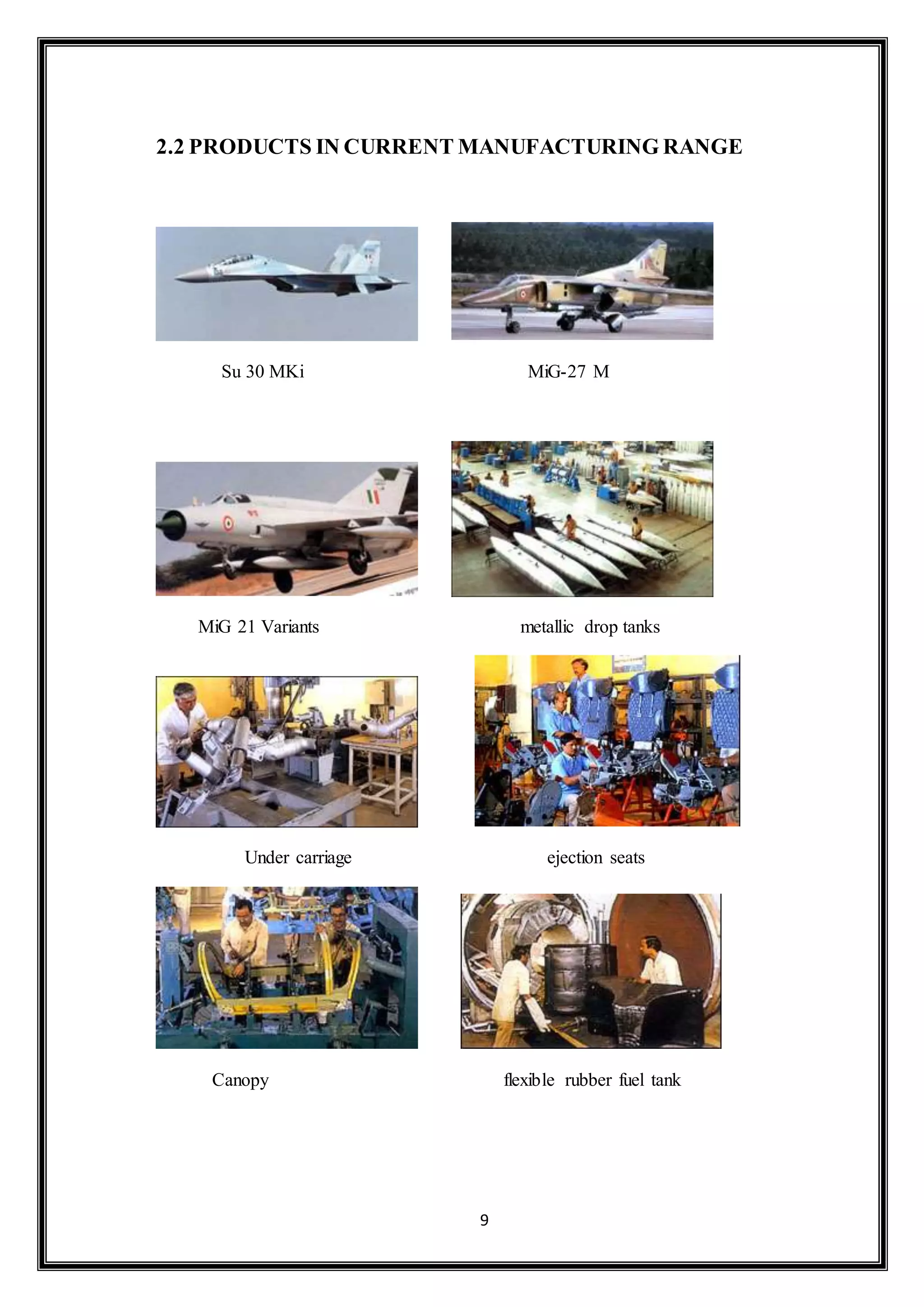 2.2 PRODUCTS IN CURRENT MANUFACTURING RANGE 
Su 30 MKi MiG-27 M 
MiG 21 Variants metallic drop tanks 
Under carriage ejection seats 
Canopy flexible rubber fuel tank 
9 
 