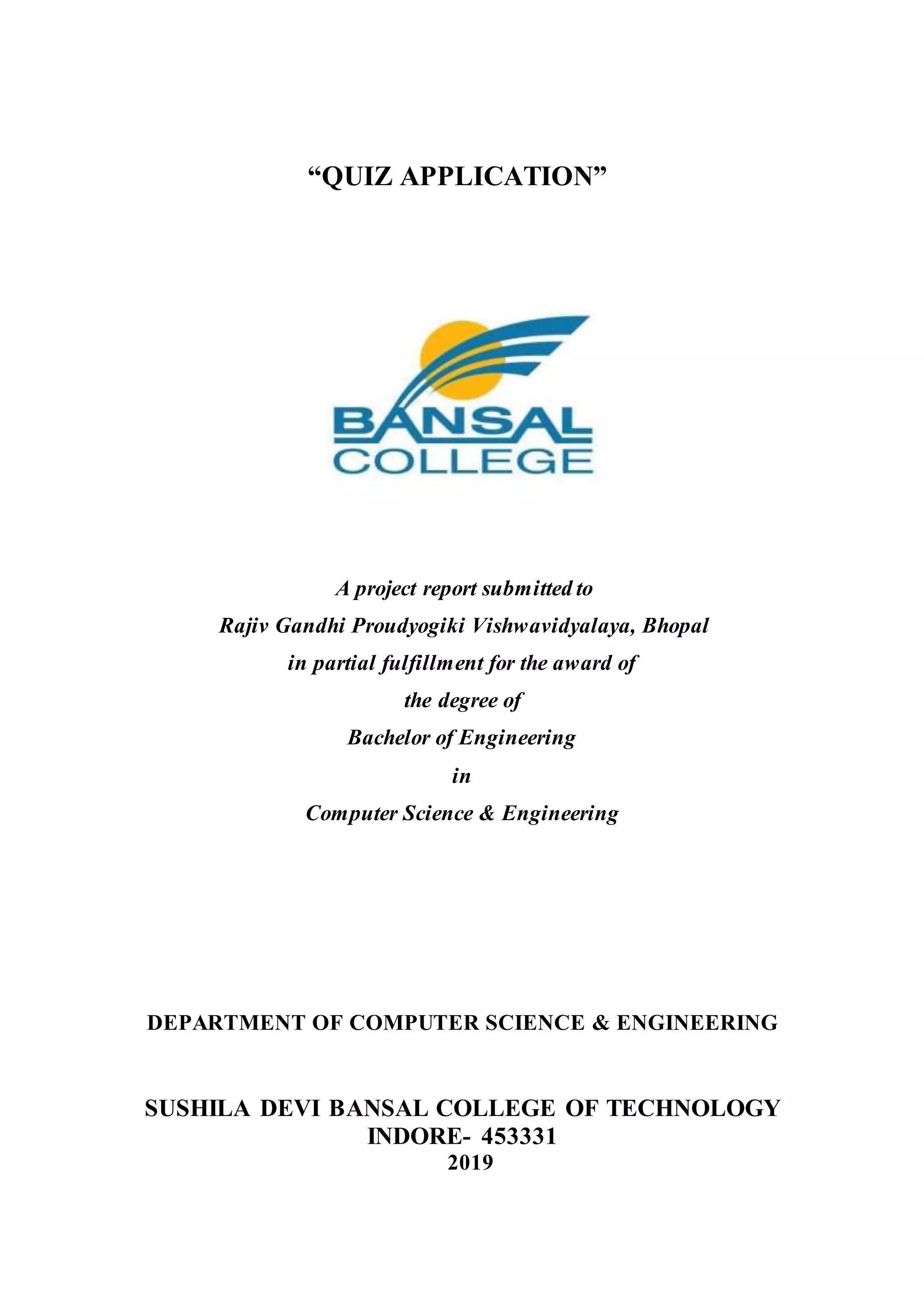 Minor project Report for "Quiz Application" | PDF