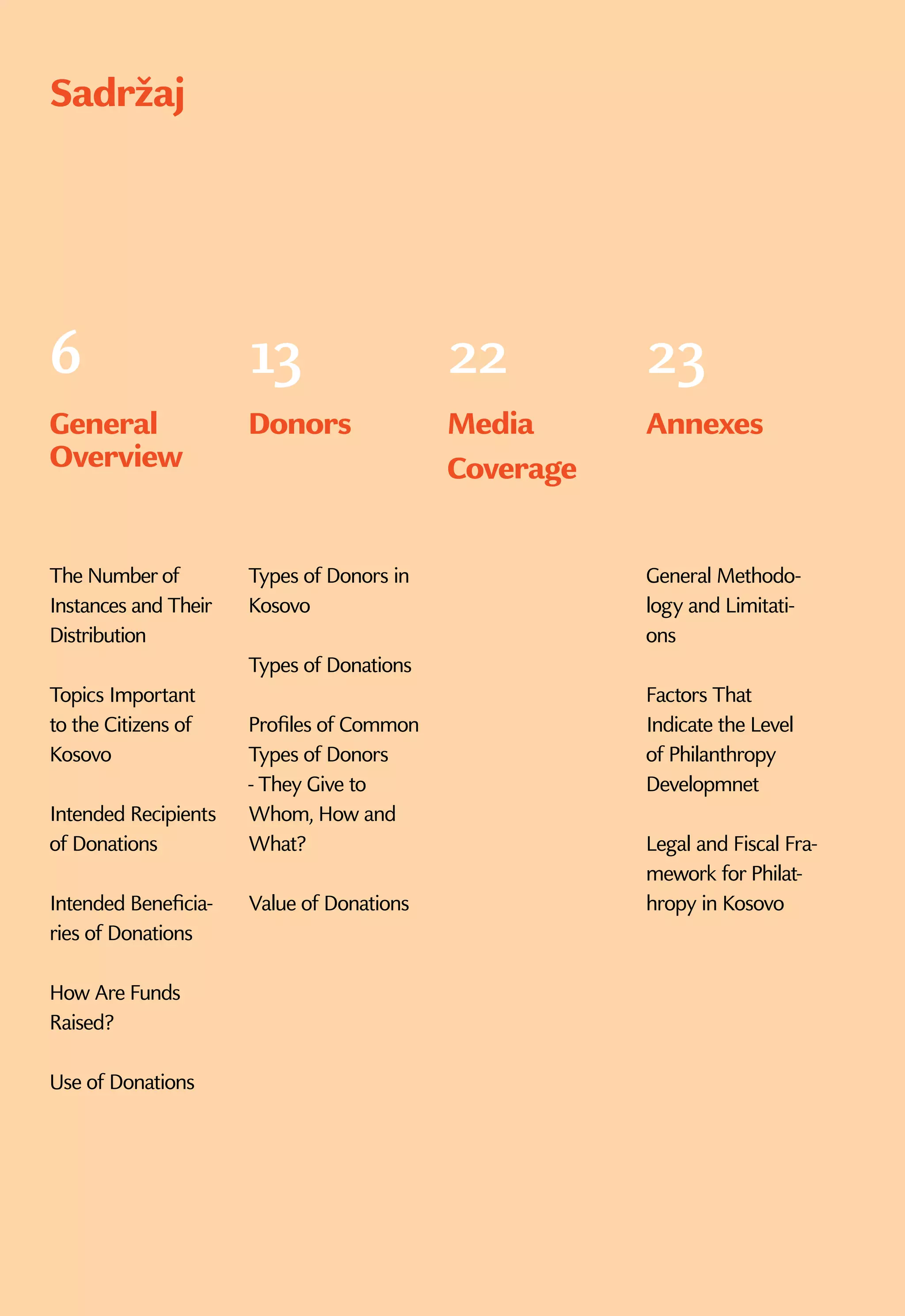 Sadržaj
6
General
Overview
The Number of
Instances and Their
Distribution
Topics Important
to the Citizens of
Kosovo
Intended Recipients
of Donations
Intended Beneficia-
ries of Donations
How Are Funds
Raised?
Use of Donations
13
Donors
Types of Donors in
Kosovo
Types of Donations
Profiles of Common
Types of Donors
- They Give to
Whom, How and
What?
Value of Donations
22
Media
Coverage
23
Annexes
General Methodo-
logy and Limitati-
ons
Factors That
Indicate the Level
of Philanthropy
Developmnet
Legal and Fiscal Fra-
mework for Philat-
hropy in Kosovo
 