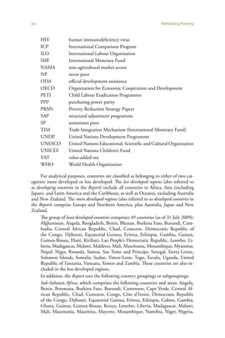 xiv                                                                    Rethinking Poverty


      HIV           human immunodeficiency virus
      ICP           International Comparison Program
      ILO           International Labour Organization
      IMF           International Monetary Fund
      NAMA          non-agricultural market access
      NP            never poor
      ODA           official development assistance
      OECD          Organization for Economic Cooperation and Development
      PETI          Child Labour Eradication Programme
      PPP           purchasing power parity
      PRSPs         Poverty Reduction Strategy Papers
      SAP           structural adjustment programme
      SP            sometimes poor
      TIM           Trade Integration Mechanism (International Monetary Fund)
      UNDP          United Nations Development Programme
      UNESCO        United Nations Educational, Scientific and Cultural Organization
      UNICEF        United Nations Children’s Fund
      VAT           value-added tax
      WHO           World Health Organization

     For analytical purposes, countries are classified as belonging to either of two cat-
egories: more developed or less developed. The less developed regions (also referred to
as developing countries in the Report) include all countries in Africa, Asia (excluding
Japan), and Latin America and the Caribbean, as well as Oceania, excluding Australia
and New Zealand. The more developed regions (also referred to as developed countries in
the Report) comprise Europe and Northern America, plus Australia, Japan and New
Zealand.
     The group of least developed countries comprises 49 countries (as of 31 July 2009):
     Afghanistan, Angola, Bangladesh, Benin, Bhutan, Burkina Faso, Burundi, Cam-
     bodia, Central African Republic, Chad, Comoros, Democratic Republic of
     the Congo, Djibouti, Equatorial Guinea, Eritrea, Ethiopia, Gambia, Guinea,
     Guinea-Bissau, Haiti, Kiribati, Lao People’s Democratic Republic, Lesotho, Li-
     beria, Madagascar, Malawi, Maldives, Mali, Mauritania, Mozambique, Myanmar,
     Nepal, Niger, Rwanda, Samoa, Sao Tome and Principe, Senegal, Sierra Leone,
     Solomon Islands, Somalia, Sudan, Timor-Leste, Togo, Tuvalu, Uganda, United
     Republic of Tanzania, Vanuatu, Yemen and Zambia. These countries are also in-
     cluded in the less developed regions.
     In addition, the Report uses the following country groupings or subgroupings:
     Sub-Saharan Africa, which comprises the following countries and areas: Angola,
     Benin, Botswana, Burkina Faso, Burundi, Cameroon, Cape Verde, Central Af-
     rican Republic, Chad, Comoros, Congo, Côte d’Ivoire, Democratic Republic
     of the Congo, Djibouti, Equatorial Guinea, Eritrea, Ethiopia, Gabon, Gambia,
     Ghana, Guinea, Guinea-Bissau, Kenya, Lesotho, Liberia, Madagascar, Malawi,
     Mali, Mauritania, Mauritius, Mayotte, Mozambique, Namibia, Niger, Nigeria,
 