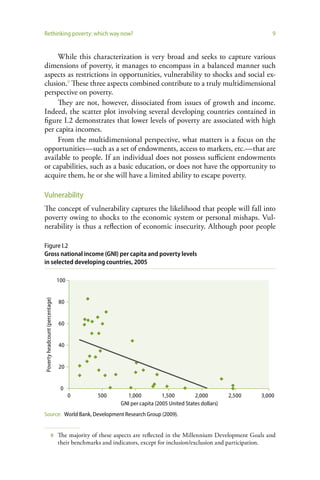 Rethinking poverty: which way now?                                                                                 9


     While this characterization is very broad and seeks to capture various
dimensions of poverty, it manages to encompass in a balanced manner such
aspects as restrictions in opportunities, vulnerability to shocks and social ex-
clusion.9 These three aspects combined contribute to a truly multidimensional
perspective on poverty.
     They are not, however, dissociated from issues of growth and income.
Indeed, the scatter plot involving several developing countries contained in
figure I.2 demonstrates that lower levels of poverty are associated with high
per capita incomes.
     From the multidimensional perspective, what matters is a focus on the
opportunities—such as a set of endowments, access to markets, etc.—that are
available to people. If an individual does not possess sufficient endowments
or capabilities, such as a basic education, or does not have the opportunity to
acquire them, he or she will have a limited ability to escape poverty.

Vulnerability
The concept of vulnerability captures the likelihood that people will fall into
poverty owing to shocks to the economic system or personal mishaps. Vul-
nerability is thus a reflection of economic insecurity. Although poor people

Figure I.2
Gross national income (GNI) per capita and poverty levels
in selected developing countries, 2005

                                 100
Poverty headcount (percentage)




                                 80


                                 60


                                 40


                                 20


                                  0
                                       0        500        1,000           1,500         2,000         2,500   3,000
                                                         GNI per capita (2005 United States dollars)
Source: World Bank, Development Research Group (2009).


                       9         The majority of these aspects are reflected in the Millennium Development Goals and
                                 their benchmarks and indicators, except for inclusion/exclusion and participation.
 