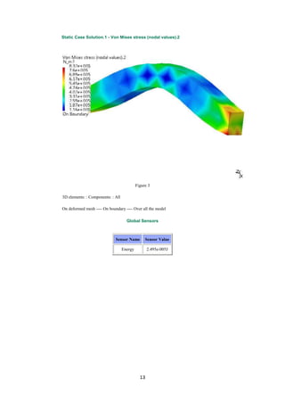 Static Case Solution.1 - Von Mises stress (nodal values).2




                                            Figure 3

3D elements: : Components: : All

On deformed mesh ---- On boundary ---- Over all the model

                                     Global Sensors



                             Sensor Name         Sensor Value

                                   Energy          2.495e-005J




                                              13
 