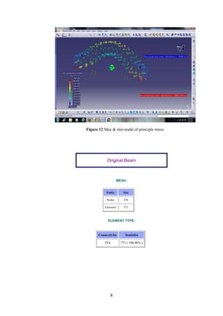 Figure 12 Max & min nodal of principle stress




            Original Beam



                     MESH:


            Entity      Size

            Nodes        256

           Elements      771



             ELEMENT TYPE:



       Connectivity       Statistics

           TE4         771 ( 100.00% )




                 8
 