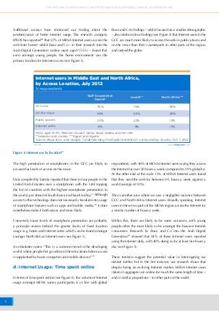 11
The attitudes of online users in the MENA region to Cybersafety, Security and Data Privacy
Internet users in Middle East and North Africa,
by Access Location, July 2012
% respondents
Gulf Cooperation
Council*
Levant** North Africa***
At home 70% 75% 83%
On the move 65% 53% 28%
Public spaces 20% 22% 13%
Internet cafes 9% 9% 17%
Note: ages 15-35; *Bahrain, Kuwait, Qatar, Saudi Arabia and the UAE;
**Lebanon and Jordan; ***Egypt and Algeria
Source: Booz & Co. and Google, “Understanding the Digital Generation” conducted by YouGov, Oct. 1, 2012
Figure 3: Internet use by location22
147749 www.eMarketer.com
The high penetration of smartphones in the GCC are likely to
account for levels of access on the move.
Data compiled by Statista reported that three in four people in the
United Arab Emirates own a smartphone; with the UAE topping
the list of countries with the highest smartphone penetration in
the world, just ahead of South Korea and Saudi Arabia.23
Although
access to this technology does not necessarily translate into usage
of smartphone features such as apps and mobile media,24
it does
nonetheless make it both easier, and more likely.
Conversely lower levels of smartphone penetration are probably
a principle reason behind the greater levels of fixed location
usage (e.g. home and Internet cafes) which can be found amongst
younger North African Internet users (see Figure 3).
As eMarketer notes: “This is a common trend in the developing
world, where people first go online at these locations before access
is supplanted by home computers and mobile devices.”25
d. Internet Usage: Time spent online
In terms of time spent online (see Figure 4), the volume of Internet
usage amongst MENA survey participants is in line with global
respondents; with 40% of MENA Internet users saying they access
the Internet for over 20 hours a week (compared to 39% globally).
At the other end of the scale 13% of MENA Internet users stated
that they used the web for between 0-5 hours a week (against a
world average of 10%).
This is another area where we saw a negligible variance between
GCC and North Africa Internet users. Broadly speaking, Internet
users in these two parts of the MENA region access the Internet for
a similar number of hours a week.
Within this, there are likely to be some variances, with young
people often the most likely to be amongst the heaviest Internet
consumers. Research by Booz and Co into the Arab Digital
Generation26
showed that 83% of these Internet users reported
using the Internet daily, with 40% doing so for at least five hours a
day (see Figure 5).
These statistics suggest the potential value in interrogating our
dataset further, but in the first instance, our research shows that
despite being an evolving Internet market, MENA Internet users
(taken in aggregate) are online for much the same length of time –
and in similar proportions – to other parts of the world.
Additional surveys have reinforced our finding about the
predominance of home Internet usage. The research company
IPSOS has reported20
that 87% of MENA Internet users access the
web from home21
whilst Booz and Co – in their research into the
Arab Digital Generation (online users aged 15-35) – found that
even amongst young people, the home environment was the
primary location for Internet access (see Figure 3).
Booz and Co’s findings – whilst focused on a smaller demographic
– also reinforced our findings (see Figure 2) that Internet users in the
GCC are much more likely to access the web in public places and
on the move than their counterparts in other parts of the region,
and indeed the globe.
 