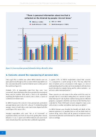 29
The attitudes of online users in the MENA region to Cybersafety, Security and Data Privacy
0%
5%
10%
20%
25%
15%
1 Totally disagree Totally agree 7 Don’t Know2 3 4 5 6
12 12 12 12
10
11 11
16
20
18
13 13
14
1819
16
21
14 15
17 17
7
9
8
7
5
6
9
“There is personal information about me that is
collected on the Internet by people I do not know.”
MENA (n = 2635)
North Africa (n = 1136)
GCC (n = 1261)
World Average (n = 11225)
Figure 21: Concerns about personal information being collected by others
Once again this is another area where MENA Internet users are
quite polarized, although on this occasion MENA respondents are
less concerned about this issue than Internet users in other parts of
the world (see Figure 22).
Globally, 30% of respondents stated that they were “very
concerned” about information they have provided for one purpose
being used for another. With nearly a third of all respondents
expressing the highest level of concern, this is clearly a source of
contention for Internet users.
In MENA however, this concern is less pronounced, particularly
amongst Internet users in the GCC, who are 5% behind the global
average. Users in North Africa were much more aligned with this
world figure (29% versus 30%).
Amongst respondents who were “not at all concerned” or
expressed similarly low levels of concern (by grading their concern
between 1-3 on a 7 point scale) MENA Internet users seem much
more relaxed about this issue than their worldwide equivalents.
b. Concerns around the repurposing of personal data
A quarter (25%) of MENA respondents scored their concern
1-3, compared to a world average of 16%. This may reflect the
state of markets such as e-Commerce in the region, or a lack of
understanding about how data can be manipulated; with data from
social networks for example being used by online marketers – or
sold on to other interested parties.37
These concerns are not unique to the online world. We note, for
example, that in a non-online setting there are concerns in Qatar
about SMS spam38
and of phone numbers being used for different
purposes, or purposes which the user does not feel that they have
consented to. These SMS based concerns (aligned in many cases
with actions to combat and address email spam) are global.39
As MENA Internet users broaden the breadth and depth of their
Internet experience it is possible that we will see these levels of
concern rising, and so there will be pressure on Internet actors,
Government authorities and individuals to address the concerns of
users accordingly.
 