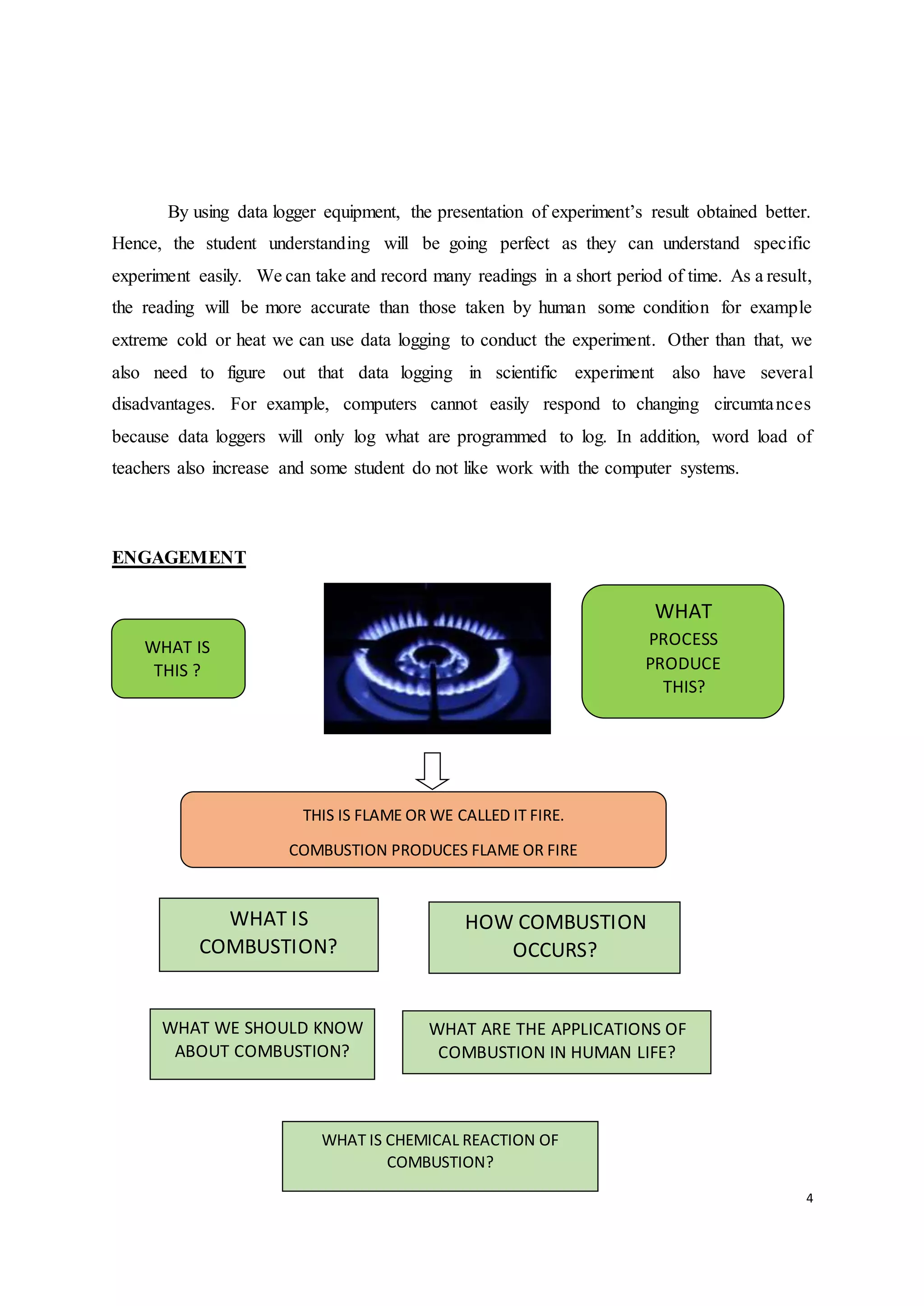 4
By using data logger equipment, the presentation of experiment’s result obtained better.
Hence, the student understanding will be going perfect as they can understand specific
experiment easily. We can take and record many readings in a short period of time. As a result,
the reading will be more accurate than those taken by human some condition for example
extreme cold or heat we can use data logging to conduct the experiment. Other than that, we
also need to figure out that data logging in scientific experiment also have several
disadvantages. For example, computers cannot easily respond to changing circumtances
because data loggers will only log what are programmed to log. In addition, word load of
teachers also increase and some student do not like work with the computer systems.
ENGAGEMENT
WHAT IS
THIS ?
WHAT
PROCESS
PRODUCE
THIS?
THIS IS FLAME OR WE CALLED IT FIRE.
COMBUSTION PRODUCES FLAME OR FIRE
WHAT ARE THE APPLICATIONS OF
COMBUSTION IN HUMAN LIFE?
WHAT IS
COMBUSTION?
HOW COMBUSTION
OCCURS?
WHAT WE SHOULD KNOW
ABOUT COMBUSTION?
WHAT IS CHEMICAL REACTION OF
COMBUSTION?
 