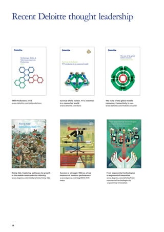 Recent Deloitte thought leadership

TMT Predictions 2013
www.deloitte.com/tmtpredictions

Survival of the fastest, TV’s evolution
in a connected world
www.deloitte.com/ibctv

Rising tide, Exploring pathways to growth
in the mobile semiconductor industry
www.dupress.com/media/articles/rising-tide

Success or struggle: ROA as a true
measure of business performance
www.dupress.com/tag/2013-shiftindex

24

The state of the global mobile
consumer, Connectivity is core
www.deloitte.com/mobileconsumer

From exponential technologies
to exponential innovation
www.dupress.com/articles/fromexponential-technologies-to
-exponential-innovation

 