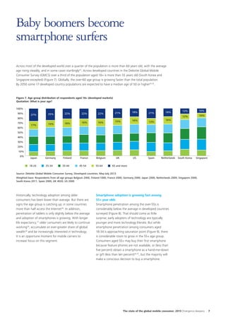 Baby boomers become
smartphone surfers
Across most of the developed world over a quarter of the population is more than 60 years old, with the average
age rising steadily, and in some cases startlingly23. Across developed countries in the Deloitte Global Mobile
Consumer Survey (GMCS) over a third of the population aged 18+ is more than 55 years old (South Korea and
Singapore excepted) (Figure 7). Globally, the over-60 age group is growing faster than the total population.
By 2050 some 17 developed country populations are expected to have a median age of 50 or higher24 25.

Figure 7. Age group distribution of respondents aged 18+ (developed markets)
Quotation: What is your age?
100%
90%

27%

25%

22%

22%

22%

18%

80%
70%
60%

15%

16%

16%

15%

17%

18%

16%

Japan

Germany

Finland

France

Belgium

UK

US

25-34

35-44

21%
13%

18%

12%

10%

12%

21%

10%

South Korea

Singapore

16%

50%
40%
30%
20%
10%
0%

18-24

45-54

55-64

Spain

Netherlands

65 and more

Source: Deloitte Global Mobile Consumer Survey, Developed countries, May-July 2013
Weighted base: Respondents from all age groups Belgium 2000, Finland 1000, France 2000, Germany 2000, Japan 2000, Netherlands 2009, Singapore 2000,
South Korea 2011, Spain 2000, UK 4020, US 2000

Historically, technology adoption among older
consumers has been lower than average. But there are
signs the age group is catching up; in some countries
more than half access the Internet26. In addition,
penetration of tablets is only slightly below the average
and adoption of smartphones is growing. With longer
life expectancy,27 older consumers are likely to continue
working28, accumulate an ever-greater share of global
wealth29 and be increasingly interested in technology.
It is an opportune moment for mobile carriers to
increase focus on this segment.

Smartphone adoption is growing fast among
55+ year olds
Smartphone penetration among the over-55s is
considerably below the average in developed countries
surveyed (Figure 8). That should come as little
surprise; early adopters of technology are typically
younger and more technology literate. But while
smartphone penetration among consumers aged
18-34 is approaching saturation point (Figure 9), there
is considerable room to grow in the 55+ age group.
Consumers aged 55+ may buy their first smartphone
because feature phones are not available, or (less than
five percent) obtain a smartphone as a hand-me-down
or gift (less than ten percent)30 31, but the majority will
make a conscious decision to buy a smartphone.

The state of the global mobile consumer, 2013 Divergence deepens

7

 