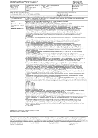 DEPARTMENT OF HEALTH AND HUMAN SERVICES
CENTERS FOR MEDICARE & MEDICAID SERVICES
PRINTED:9/8/2016
FORM APPROVED
OMB NO. 0938-0391
STATEMENT OF
DEFICIENCIES
AND PLAN OF
CORRECTION
(X1) PROVIDER / SUPPLIER
/ CLIA
IDENNTIFICATION
NUMBER
335742
(X2) MULTIPLE CONSTRUCTION
A. BUILDING ______
B. WING _____
(X3) DATE SURVEY
COMPLETED
01/21/2016
NAME OF PROVIDER OF SUPPLIER
NIAGARA REHABILITATION AND NURSING CENTER
STREET ADDRESS, CITY, STATE, ZIP
822 CEDAR AVENUE
NIAGARA FALLS, NY 14301
For information on the nursing home's plan to correct this deficiency, please contact the nursing home or the state survey agency.
(X4) ID PREFIX TAG SUMMARY STATEMENT OF DEFICIENCIES (EACH DEFICIENCY MUST BE PRECEDED BY FULL REGULATORY
OR LSC IDENTIFYING INFORMATION)
F 0157
Level of harm - Minimal
harm or potential for actual
harm
Residents Affected - Few
Immediately tell the resident, the resident's doctor and a family member of the resident
of situations (injury/decline/room, etc.) that affect the resident.
**NOTE- TERMS IN BRACKETS HAVE BEEN EDITED TO PROTECT CONFIDENTIALITY**
THIS IS A REPEAT DEFICIENCY FROM THE STANDARD SURVEY COMPLETED ON 1/9/15.
Based on interview and record review conducted during the Standard Survey completed on 1/21/16, the facility did not inform
the resident's legal representative or interested family member when there is a significant change in the resident's
physical,mental or psychological status;or an accident involving the resident which results in injury and has potential for
requiring physician intervention. Two (Resident's #89, 56) of three residents reviewed for notification of change had
issues involving abnormal laboratory test results which resulted in a change in the resident's ordered gastrostomy tube
feedings and flushes (a tube inserted directly into the stomach to feed a resident and provide fluids) as well as the
discontinuing of medications.The resident's responsible party was not informed of the changes (Resident #89) and the lack
of physician notification regarding the resident's hypoglycemic/ hyperglycemic (low/high blood sugar levels) episodes
(Resident # 56).
The finding are:
1. Resident #89 has [DIAGNOSES REDACTED]. As per the admission assessment dated [DATE], the resident is non ambulatory,
has
weakness of all extremities, and requires the total assistance of two persons with a lift machine to transfer from bed to
chair. The resident is alert to person but cannot speak words due to the placement of a [MEDICAL CONDITION].
Review of the facility Resident Notes revealed the following:
- 11/23/15 the resident is noted to cough up yellow sputum. The resident was suctioned with improvement.
- 11/24/15 the resident is noted to have a medium amount of yellow secretions from the [MEDICAL CONDITION] site.
- 11/24/15 the resident is noted to have critical labs called from the laboratory including a sodium (Na - the level of salt
in the blood, an indicator of hydration) of 161 (normal Na levels are 133- 147) and a blood urea nitrogen (BUN- blood test
to determine kidney function and hydration status) of 112 (Normal BUN levels are 5-27). The Physician was called with new
orders to increase the water flushes around the clock and with medications, discontinue two medications and repeat the
laboratory tests in the AM.
- 11/25/15 the laboratory called with critical laboratory results including a BUN of 126 and Na 156. The Nurse Practitioner
was called with no new orders.
- 11/25/15 at 5:15 PM the resident is noted to have an altered mental status with no response to staff, temperature
elevation of 100.9 degrees Fahrenheit, and oxygen level 84% (low- should be greater than 90) . The Physician was called and
ordered the resident to be transferred to the hospital emergency room for an evaluation. The responsible party was informed
and agreed with the transfer to the hospital.
Interview with the Registered Professional Nurse (RN) Unit Coordinator on 1/19/16 at approximately 11:45 AM revealed the RN
did not call the resident's responsible party on 11/24/15 after receiving new orders regarding the critical lab results.The
RN was unable to recall any specific events for the resident on 11/25/15 and did not call the responsible party on that
date.
Interview with the RN Director of Nursing (DON) on 1/19/16 at approximately 3:05 PM revealed the RN DON received the call
from the laboratory regarding the critical labs (labwork results that are very abnormal and need follow up with a
Physician) on 11/25/15 and she did not call the responsible party. The RN DON stated that the resident's responsible party
is to be informed of all changed in medications, treatment regime and health status. The RN DON reviewed the Resident's
Notes for 11/24/15 through day shift 11/25/15 and stated the responsible party was not informed in changes in the resident.
Interview with the Medical Director on 1/20/15 at approximately 11:25 AM revealed the Physician expects the staff to notify
the responsible parties when there is a change in status and treatment of [REDACTED].
Review of the facility policy and procedure entitled Notifying MD/ Responsible Party of Resident's change in condition dated
1/2016 revealed a change in condition may include an order for [REDACTED].
2. Resident # 56 had [DIAGNOSES REDACTED]. Review of the Minimum Data Set (MDS - a resident assessment tool) dated
11/6/15
revealed that the resident has moderate cognitive impairment, understands and is understood. In addition the MDS revealed
documented that the resident is frequently incontinent of bowel and bladder.
Review of Admission Physician orders dated 9/23/15 revealed orders for [MEDICATION NAME] XL 10 milligram (mg) daily,
[MEDICATION NAME] 50 mg one tablet daily, [MEDICATION NAME] (insulin) 35 units every morning.(Diabetic medication).
In addition the Physician's Orders of 9/23/15 revealed Humulog Insulin Rainbow Coverage at 7:30 AM, 11:30 AM, 5:30 AM and HS
as follows:
70-130 = 0 UNITS
131-180 = 2 UNITS
181-240 = 4 UNITS
241-300 = 6 UNITS
301-350 = 8UNITS
351-400 = 10 UNITS
Over 400 12 UNITS AND CALL MD
Review of a Nurse Practitioner (NP) Acute Visit Progress Note revealed the resident was evaluated for pneumonia and diabetes
mellitus with plans to continue the resident on antibiotic treatment for [REDACTED].
Review of the Medication Administration Record [REDACTED]. The 9/25/15 7:30 AM glucose was 95.
Review of Nurses' Notes dated 9/24/15 by Licensed Practical Nurses (LPN's) at 7:00 AM and 3:00 PM to 11:00 PM revealed no
Physician notification for the low or high glucose levels documented in the MAR.
Review of a Registered Nurse (RN) Nurses' Note dated 9/25/15 10:55 AM revealed the resident exhibited [MEDICAL CONDITION]
activity in rehabilitation , 911 (emergency number) was called and the resident was transferred to the emergency department
(ED).
Interview with the NP on 1/20/16 at approximately 1:20 PM revealed that the NP was not aware that the resident had the
episode of low or high blood glucose levels and she would expect the staff to call for values 60 or below and above 400.
Additionally, the NP stated on 9/24/15 she probably evaluated the resident prior to those values were obtained.
Review of the facility's policy and procedures and confirmed by the Acting DON and Administrator, the facility does not have
a policy for glucose monitoring.
415.13(e)(2)(ii)b
LABORATORY DIRECTOR'S OR PROVIDER/SUPPLIER
REPRESENTATIVE'S SIGNATURE
TITLE (X6) DATE
Any deficiency statement ending with an asterisk (*) denotes a deficiency which the institution may be excused from correcting providing it is determined that other
safeguards provide sufficient protection to the patients. (See instructions.) Except for nursing homes, the findings stated above are disclosable 90 days following the
date of survey whether or not a plan of correction is provided. For nursing homes, the above findings and plans of correction are disclosable 14 days following the date
these documents are made available to the facility. If deficiencies are cited, an approved plan of correction is requisite to continued program participation.
FORM CMS-2567(02-99)
Previous Versions Obsolete
Event ID: YL1O11 Facility ID: 335742 If continuation sheet
Page 1 of 16
 