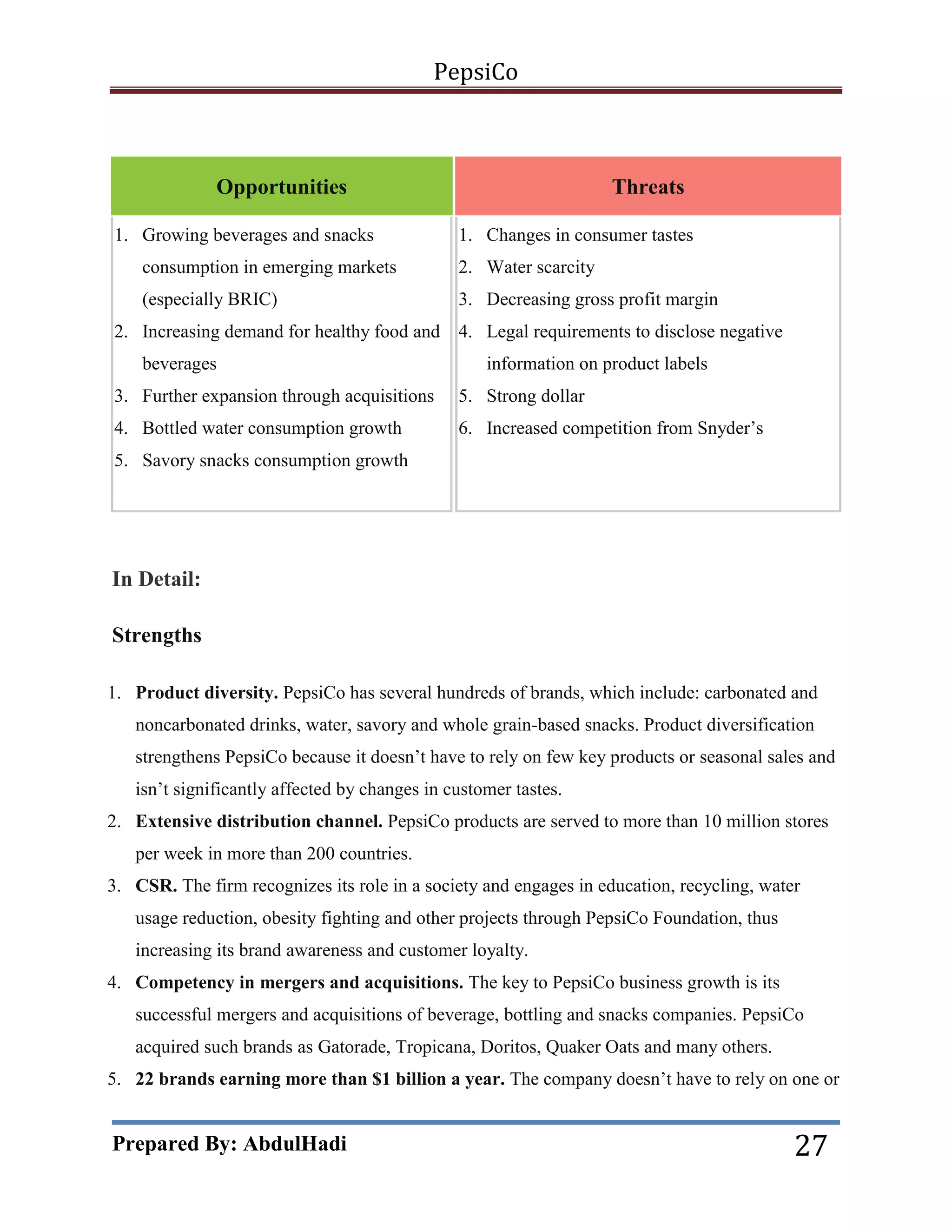 PepsiCo

Opportunities
1. Growing beverages and snacks

Threats
1. Changes in consumer tastes

consumption in emerging markets

2. Water scarcity

(especially BRIC)

3. Decreasing gross profit margin

2. Increasing demand for healthy food and 4. Legal requirements to disclose negative
beverages

information on product labels

3. Further expansion through acquisitions

5. Strong dollar

4. Bottled water consumption growth

6. Increased competition from Snyder’s

5. Savory snacks consumption growth

In Detail:
Strengths
1. Product diversity. PepsiCo has several hundreds of brands, which include: carbonated and
noncarbonated drinks, water, savory and whole grain-based snacks. Product diversification
strengthens PepsiCo because it doesn’t have to rely on few key products or seasonal sales and
isn’t significantly affected by changes in customer tastes.
2. Extensive distribution channel. PepsiCo products are served to more than 10 million stores
per week in more than 200 countries.
3. CSR. The firm recognizes its role in a society and engages in education, recycling, water
usage reduction, obesity fighting and other projects through PepsiCo Foundation, thus
increasing its brand awareness and customer loyalty.
4. Competency in mergers and acquisitions. The key to PepsiCo business growth is its
successful mergers and acquisitions of beverage, bottling and snacks companies. PepsiCo
acquired such brands as Gatorade, Tropicana, Doritos, Quaker Oats and many others.
5. 22 brands earning more than $1 billion a year. The company doesn’t have to rely on one or

Prepared By: AbdulHadi

27

 