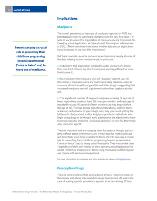 Partnership for Drug-Free Kids I The Partnership Attitude Tracking Study I Teens & Parents 2013
IMPLICATIONS2828
Parents can play a crucial
role in preventing their
child from progressing
beyond experimental
(“once or twice” use) to
heavy use of marijuana.
Implications
Marijuana
The overall prevalence of teen use of marijuana reported in PATS has
been basically flat (no significant changes) over the past five years – in
spite of vocal support for legalization of marijuana during this period fol-
lowed by actual legalization in Colorado and Washington in November
of 2012. (There have been indications in other data sets of slight direc-
tional increases in use over this time frame.)
But there is ample cause for concern as we look more deeply at some of
the data relating to teen marijuana use, in particular:
a) Indications that legalization will lead to wider use by teens (more
than one-third of teens say that if marijuana were legal they’d be more
likely to use it).
b) No indication that marijuana use will “displace” alcohol use. On
the contrary, marijuana users are much more likely than non-users to
consume alcohol as well as cigarettes and other drugs – suggesting that
increased marijuana use will supplement rather than displace alcohol
use.
c) The significant number of frequent marijuana smokers (7 percent of
teens report they smoke at least 20 times per month), and early age of
reported first use (41 percent of teen smokers say they began before
the age of 15). This has deeply disturbing implications, both for teens’
academic performance (if you’re high every day, you’re not getting the
full benefit of education) and for long term problems: individuals who
begin using drugs or drinking in early adolescence are significantly more
likely to encounter problems (including addiction) in later life than those
who start after age 18.
There is important and encouraging news for parents, though, particu-
larly in those states where marijuana is now legal for recreational use
and potentially even more available to teens. Parents can play a crucial
role in preventing their child from progressing beyond experimental
(“once or twice” use) to heavy use of marijuana. They must make clear
–regardless of their own history or their opinions about legalization for
adults – that they disapprove of teens using marijuana and that regular
use comes with serious consequences.
For more information on marijuana and other substances, please visit drugfree.org.
Prescription Drugs
There is some evidence that, among teens at least, recent increases in
the misuse and abuse of prescription drugs have leveled off, and in the
case of leading opioids, prevalence appears to be decreasing. (These
 