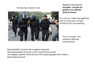 Nega=ve	
  na=onal	
  press	
  
                 The	
  boy	
  has	
  a	
  hood	
  on	
  and	
  	
  	
                                  Grenoble	
  :	
  cinq	
  des	
  six	
  
                                                                                                        gardés	
  à	
  vue	
  relâchés	
  
                                                                                                        faute	
  de	
  preuve	
  

                                                                                                  It’s	
  a	
  serious	
  	
  maJer	
  teenaged	
  boy	
  	
  
                                                                                                  with	
  his	
  hood	
  over	
  his	
  head	
  	
  
                                                                                                  so	
  that	
  he	
  can’t	
  see	
  anything.	
  	
  	
  




                                                                                                        This	
  is	
  a	
  realis=c	
  	
  and	
  
                                                                                                        authen=c	
  oﬀensive	
  	
  
                                                                                                        towards	
  youth	
  	
  	
  	
  	
  	
  


Representa=on	
  of	
  youth	
  has	
  a	
  nega=ve	
  impacted	
  
The	
  representa=on	
  of	
  youth	
  is	
  more	
  realis=c	
  than	
  surreal	
  
The	
  nega=ve	
  quali=es	
  of	
  the	
  picture	
  is	
  the	
  body	
  language	
  and	
  it	
  makes	
  a	
  	
  
Stereotyped	
  of	
  youth	
  	
  	
  
 