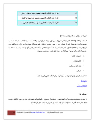 ‫هر 1 نفر کلیک با تعیین موضوع در تبلیغات کلیکی‬                                          ‫21‬

                    ‫هر 1 نفر کلیک با تعیین جنسیت در تبلیغات کلیکی‬                                         ‫21‬

                        ‫هر 1 نفر کلیک با تعیین سن در تبلیغات کلیکی‬                                        ‫21‬




                                                                                  ‫تبلیغات مولتی مدیا و چند رسانه ای‬

‫استفاده از ‪ CD‬و ‪ DVD‬های تبلیغاتی امروزه بسیار مورد توجه مدیران قرار گرفته است. نسبت اطلعفات مب فادله ش فده بفه‬
 ‫ف‬    ‫ف‬       ‫ف‬      ‫ف‬

‫هزینه در این روش بسیار کمتر از تبلیغات چاپی و سنتی است و از طرفی هم نتیجه کار بسیار زیباتر و جذاب تر خواه فد ب فود.‬
   ‫ف ف‬

‫در روش چند رسانه ای تصاویر، فیلم یا انیمیشن به کمک متون تبلیغاتی میآیند تا تاثیر گذاری آنها را چن فد براب فر کنن فد. تبلیغ فات‬
  ‫ف‬         ‫ف‬      ‫ف‬       ‫ف‬

                                              ‫چند رسانه ای بر اساس نوع نرم افزار به دسته های عمده زیر تقسیم میشوند:‬

                                                                                                      ‫انیمیشن فلش‬       ‫•‬


                                                                                                       ‫فیلم تبلیغاتی‬    ‫•‬


                                                                                                  ‫صفحات وب سایت‬         ‫•‬


                                                                                                             ‫اسلید‬      ‫•‬


                                              ‫که هر یک از این روشها با توجه به نحوه ارائه برای هدف خاصی کاربرد دارند.‬

                                                                                                                     ‫تعرفه ها‬

                                                                                                               ‫اطلعات بیشتر‬



                                                                                                                 ‫تعرفه ها :‬

‫با تغییر در سیستم مدیریت شرکت، اتوماسیون و استفاده از جدیدترین تکنولوژیها و شیوه های مدیریتی جهت کففاهش هزینففه‬

                                   ‫های تمام شده، قادریم محصولت خود را تا یک سوم پایین تر از قیمت بازار عرضه کنیم.‬




       ‫92‬   ‫‪VOLGHAN Hosseini | www.VOLGHAN.net | VOLGHAN@Gmail.com‬‬
 