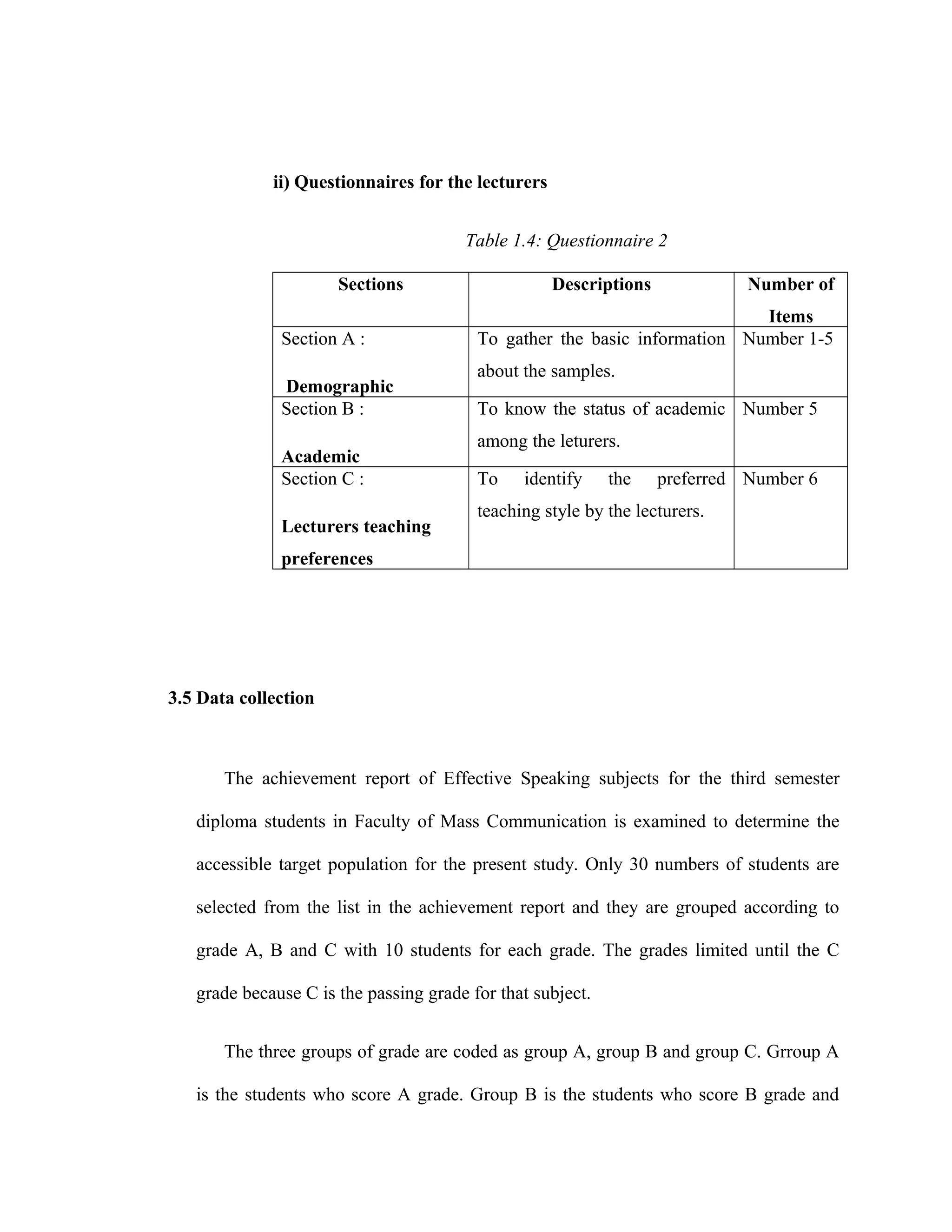 ii) Questionnaires for the lecturers
Table 1.4: Questionnaire 2
Sections Descriptions Number of
Items
Section A :
Demographic
To gather the basic information
about the samples.
Number 1-5
Section B :
Academic
To know the status of academic
among the leturers.
Number 5
Section C :
Lecturers teaching
preferences
To identify the preferred
teaching style by the lecturers.
Number 6
3.5 Data collection
The achievement report of Effective Speaking subjects for the third semester
diploma students in Faculty of Mass Communication is examined to determine the
accessible target population for the present study. Only 30 numbers of students are
selected from the list in the achievement report and they are grouped according to
grade A, B and C with 10 students for each grade. The grades limited until the C
grade because C is the passing grade for that subject.
The three groups of grade are coded as group A, group B and group C. Grroup A
is the students who score A grade. Group B is the students who score B grade and
 