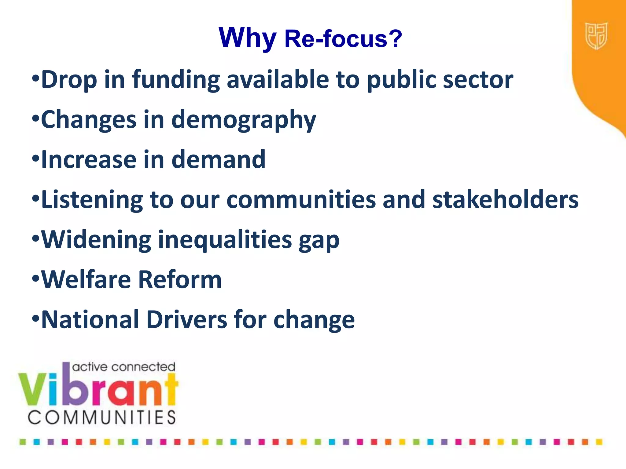 Why Re-focus?
•Drop in funding available to public sector
•Changes in demography
•Increase in demand
•Listening to our communities and
stakeholders
•Widening inequalities gap
•Welfare Reform
•National Drivers for change
Why Re-focus?
•Drop in funding available to public sector
•Changes in demography
•Increase in demand
•Listening to our communities and stakeholders
•Widening inequalities gap
•Welfare Reform
•National Drivers for change
 