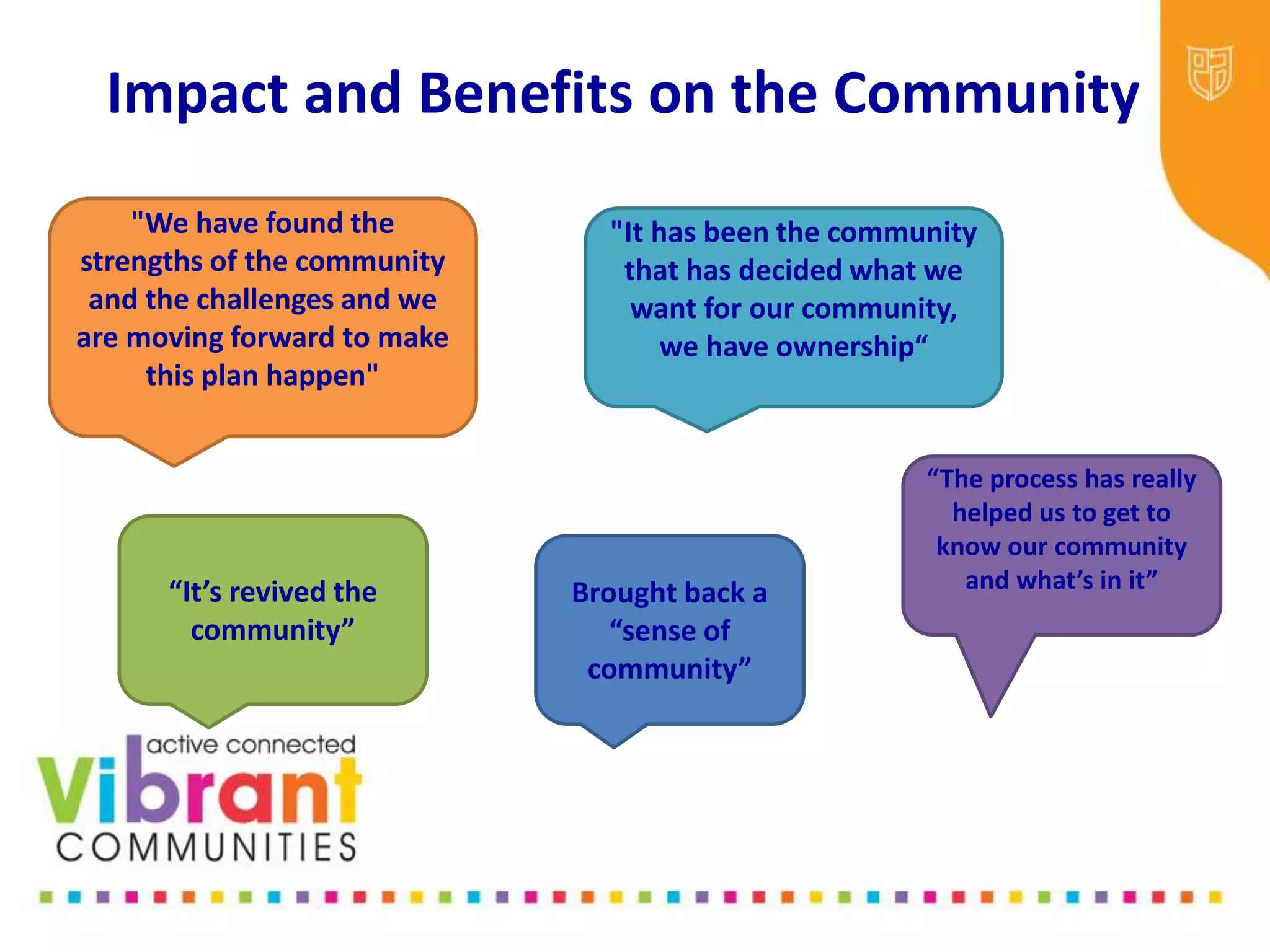 Impact and Benefits on the Community
“The process has really
helped us to get to
know our community
and what’s in it”
"It has been the community
that has decided what we
want for our community,
we have ownership“
"We have found the
strengths of the community
and the challenges and we
are moving forward to make
this plan happen"
Brought back a
“sense of
community”
“It’s revived the
community”
 
