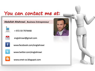 You can contact me at:
Abdallah Altahrawi , Business Entrepreneur


         + 972 59 7974448


         engtahrawi@gmail.com


        www.facebook.com/engtahrawi

        www.twitter.com/engtahrawi


        www.smet-co.blogspot.com
 