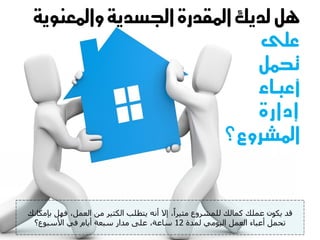 ‫يل لديك املقدرة ادتشدية واملعهوية‬
                             ‫على‬
                             ‫حتنل‬
                             ‫أعبـاء‬
                             ‫إدارة‬
                         ‫املشروع؟‬


‫قذ ٌنىُ ػَيل مَاىل ىيَششوع ٍثٍشاا، ئال أّه ٌرطية اىنثٍش ٍِ اىؼَو، فهو تاٍناّل‬
 ‫ذحَو أػثاء اىؼَو اىٍىًٍ ىَذج 21 عاػح، ػيى ٍذاس عثؼح أٌاً فً األعثىع؟‬
 