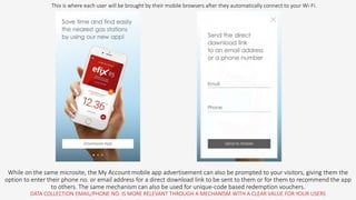 While on the same microsite, the My Account mobile app advertisement can also be prompted to your visitors, giving them the
option to enter their phone no. or email address for a direct download link to be sent to them or for them to recommend the app
to others. The same mechanism can also be used for unique-code based redemption vouchers.
DATA COLLECTION EMAIL/PHONE NO. IS MORE RELEVANT THROUGH A MECHANISM WITH A CLEAR VALUE FOR YOUR USERS
This is where each user will be brought by their mobile browsers after they automatically connect to your Wi-Fi.
 
