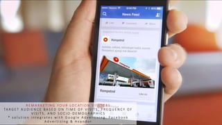 R E M A R K E T I N G Y O U R L O C AT I O N V I S I T O R S
TA R G E T A U D I E N C E B A S E D O N T I M E O F V I S I T S , F R E Q U E N C Y O F
V I S I T S , A N D S O C I O - D E M O G R A P H I C S
* s o l u t i o n i n t e g r a t e s w i t h G o o g l e A d v e r t i s i n g , F a c e b o o k
A d v e r t i s i n g & A v a n d o r
 