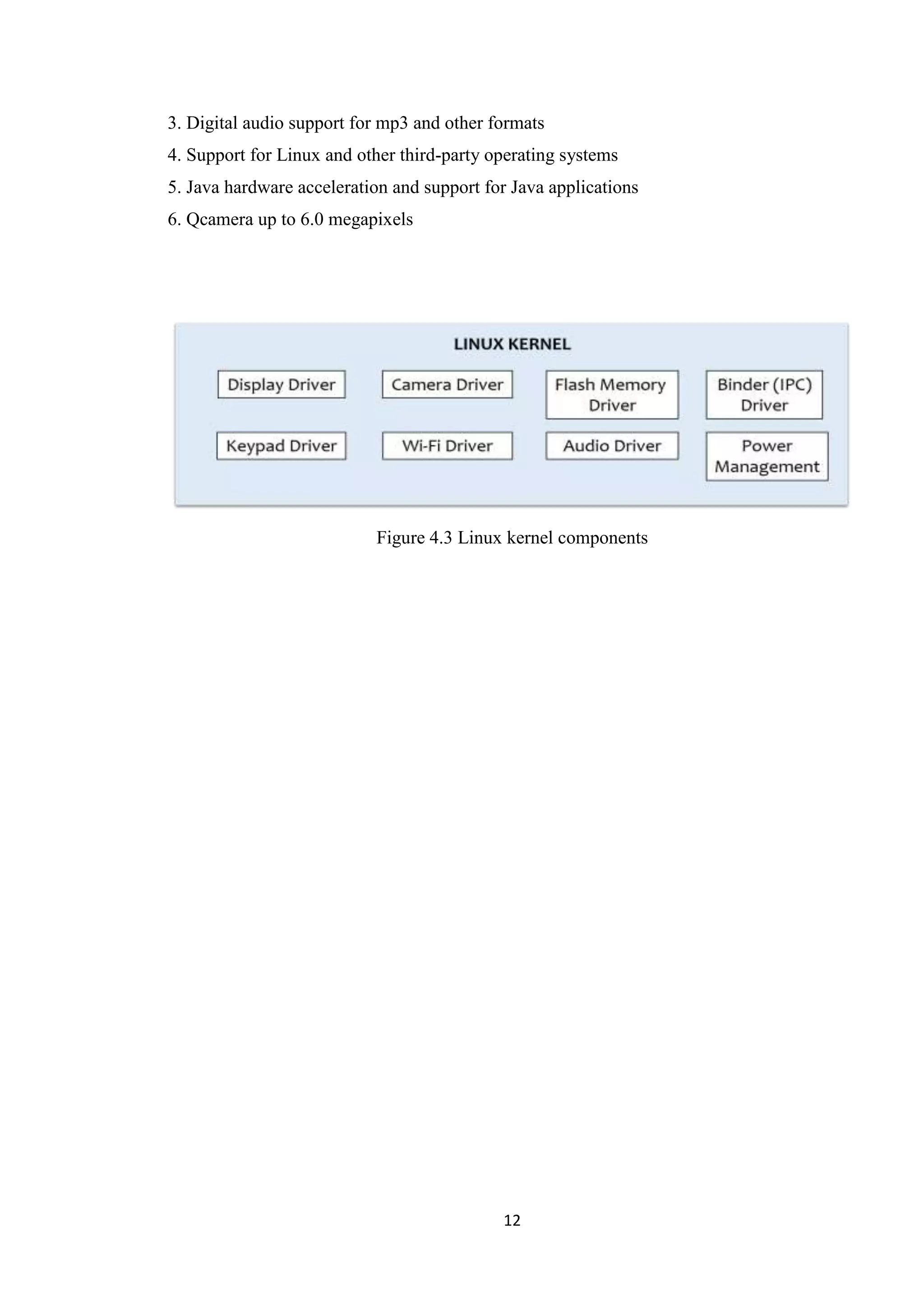 12
3. Digital audio support for mp3 and other formats
4. Support for Linux and other third-party operating systems
5. Java hardware acceleration and support for Java applications
6. Qcamera up to 6.0 megapixels
Figure 4.3 Linux kernel components
 