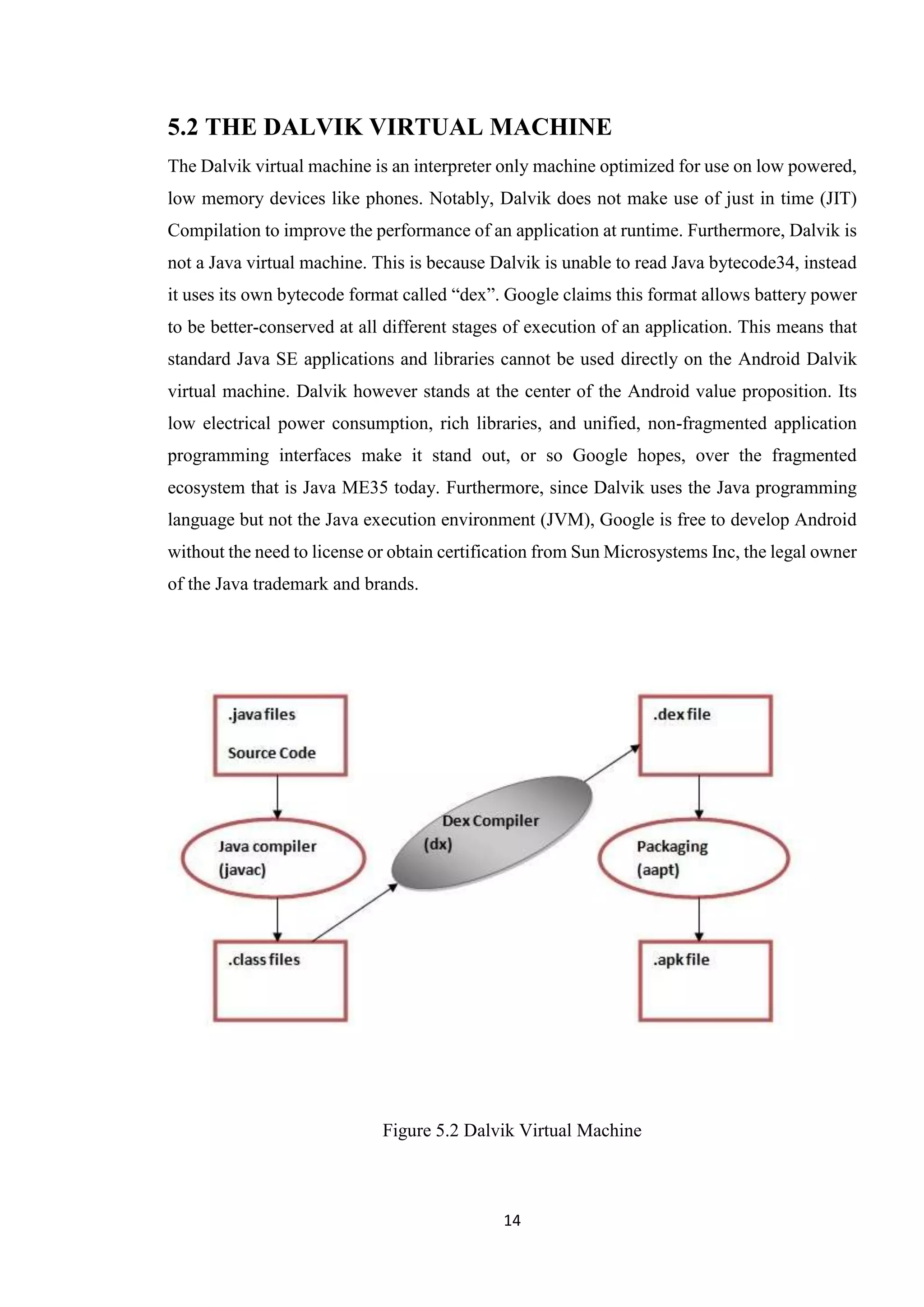 14
5.2 THE DALVIK VIRTUAL MACHINE
The Dalvik virtual machine is an interpreter only machine optimized for use on low powered,
low memory devices like phones. Notably, Dalvik does not make use of just in time (JIT)
Compilation to improve the performance of an application at runtime. Furthermore, Dalvik is
not a Java virtual machine. This is because Dalvik is unable to read Java bytecode34, instead
it uses its own bytecode format called “dex”. Google claims this format allows battery power
to be better-conserved at all different stages of execution of an application. This means that
standard Java SE applications and libraries cannot be used directly on the Android Dalvik
virtual machine. Dalvik however stands at the center of the Android value proposition. Its
low electrical power consumption, rich libraries, and unified, non-fragmented application
programming interfaces make it stand out, or so Google hopes, over the fragmented
ecosystem that is Java ME35 today. Furthermore, since Dalvik uses the Java programming
language but not the Java execution environment (JVM), Google is free to develop Android
without the need to license or obtain certification from Sun Microsystems Inc, the legal owner
of the Java trademark and brands.
Figure 5.2 Dalvik Virtual Machine
 