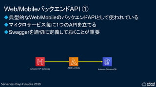Serverless Days Fukuoka 2019
Web/MobileバックエンドAPI ①
典型的なWeb/MobileのバックエンドAPIとして使われている
マイクロサービス毎に1つのAPIを立てる
Swaggerを適切に定義しておくことが重要
Amazon DynamoDBAmazon API Gateway AWS Lambda
 