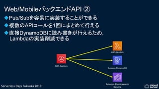 Serverless Days Fukuoka 2019
Web/MobileバックエンドAPI ②
Pub/Subを容易に実装することができる
複数のAPIコールを1回にまとめて行える
直接DynamoDBに読み書きが行えるため，
Lambdaの実装削減できる
AWS AppSync
Amazon DynamoDB
Amazon Elasticsearch
Service
AWS Lambda
 
