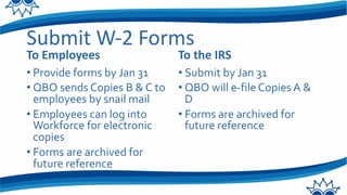 Submit W-2 Forms
To Employees
• Provide forms by Jan 31
• QBO sends Copies B & C to
employees by snail mail
• Employees can log into
Workforce for electronic
copies
• Forms are archived for
future reference
To the IRS
• Submit by Jan 31
• QBO will e-file Copies A &
D
• Forms are archived for
future reference
 