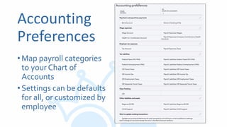 Accounting
Preferences
•Map payroll categories
to your Chart of
Accounts
•Settings can be defaults
for all, or customized by
employee
 