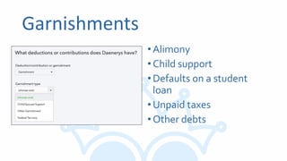Garnishments
•Alimony
•Child support
•Defaults on a student
loan
•Unpaid taxes
•Other debts
 