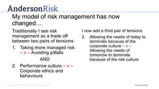 Governance | Risk Management | Assurance © 2016 AndersonRisk
My model of risk management has now
changed…
Traditionally I see risk
management as a trade off
between two pairs of tensions:
1. Taking more managed risk
– v – Avoiding pitfalls
AND
2. Performance culture – v –
Corporate ethics and
behaviours
I now add a third pair of tensions
3. Allowing the needs of today to
dominate because of the
corporate culture – v –
Allowing the needs of
tomorrow to dominate
because of the risk culture
 