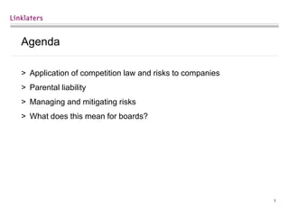 1
Agenda
> Application of competition law and risks to companies
> Parental liability
> Managing and mitigating risks
> What does this mean for boards?
 