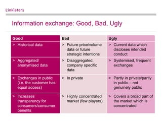 5
Information exchange: Good, Bad, Ugly
Good Bad Ugly
> Historical data > Future price/volume
data or future
strategic intentions
> Current data which
discloses intended
conduct
> Aggregated/
anonymised data
> Disaggregated,
company specific
data
> Systemised, frequent
exchanges
> Exchanges in public
(i.e. the customer has
equal access)
> In private > Partly in private/partly
in public – not
genuinely public
> Increases
transparency for
consumers/consumer
benefits
> Highly concentrated
market (few players)
> Covers a broad part of
the market which is
concentrated
 