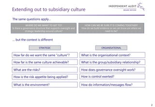 Extending out to subsidiary culture
WHERE DO WE WANT TO GET TO?
Is there a governance structure that supports oversight and
strategic leadership around culture?
HOW CAN WE BE SURE IT IS COMING TOGETHER?
How do we build evidence so we can know are where we
need to be?
STRATEGIC
The same questions apply…
… but the context is different
ORGANISATIONAL
How far do we want the same “culture”?
How far is the same culture achievable?
What are the risks?
How is the risk appetite being applied?
What is the environment?
What is the organisational context?
What is the group/subsidiary relationship?
How is control exerted?
How does governance oversight work?
How do information/messages flow?
2
 