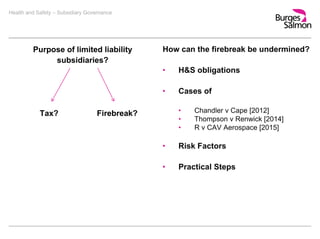 Health and Safety – Subsidiary Governance
How can the firebreak be undermined?
• H&S obligations
• Cases of
• Chandler v Cape [2012]
• Thompson v Renwick [2014]
• R v CAV Aerospace [2015]
• Risk Factors
• Practical Steps
Purpose of limited liability
subsidiaries?
Tax? Firebreak?
 