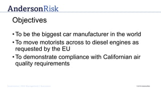 Governance | Risk Management | Assurance © 2016 AndersonRisk
Objectives
• To be the biggest car manufacturer in the world
• To move motorists across to diesel engines as
requested by the EU
• To demonstrate compliance with Californian air
quality requirements
 