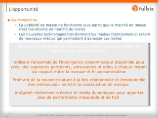 L’opportunité Au moment ou La publicité de masse ne fonctionne plus parce que le marché de masse c’est transformé en marché de niches Les nouvelles technologies transforment les médias traditionnels et créent de nouveaux médias qui permettent d’adresser ces niches © FullSIX 2007 - Strictly confidential - All rights reserved -  No reproduction or diffusion without written authorisation Apparait la nécessité de l’élaboration d’un nouveau modèle de marketing et communication  Utilisant l’ensemble de l’intelligence consommateur disponible pour créer des segments pertinents, adressables et utiles à chaque instant du rapport entre la marque et le consommateur Profitant de la nouvelle nature à la fois relationnelle et émotionnelle des médias pour enrichir la construction de marque  Intégrant réellement création et média dynamiques pour apporter plus de performance mesurable et de ROI  